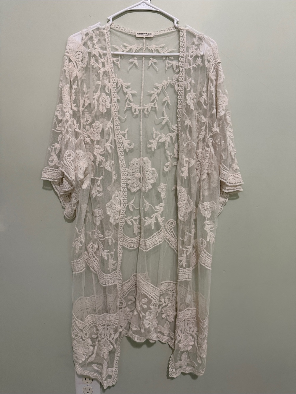 Anna Kaci Cream Sheer Embroidered Kimono